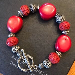 Vintage Silpada Sterling Silver Red Coral Cinnabar Toggle Clasp Bracelet B0985